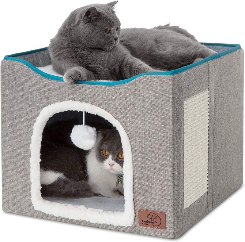 Photo 1 of 
Bedsure Cat Beds for Indoor Cats - Large Cat Cave for Pet Cat House with Fluffy Ball Hanging and Scratch Pad, Foldable Cat Hideaway,16.5x16.5x13 inches, Grey