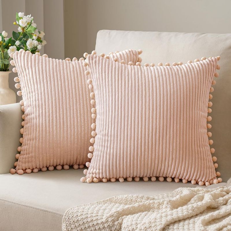 Photo 1 of Pack of 2 Light Pink Spring Boho Decorative Pillow Covers with Pom-poms Pillow Covers 18x18 Corduroy Cushion Case Cute and Soft Square Throw Pillows for Bed Couch Sofa Living 