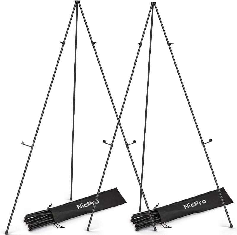 Photo 1 of Folding Easels for Display, 2 Pack 63 Inch Metal Floor Easel Stand Tripod Black Portable for Artist Poster Wedding with Carry Bag