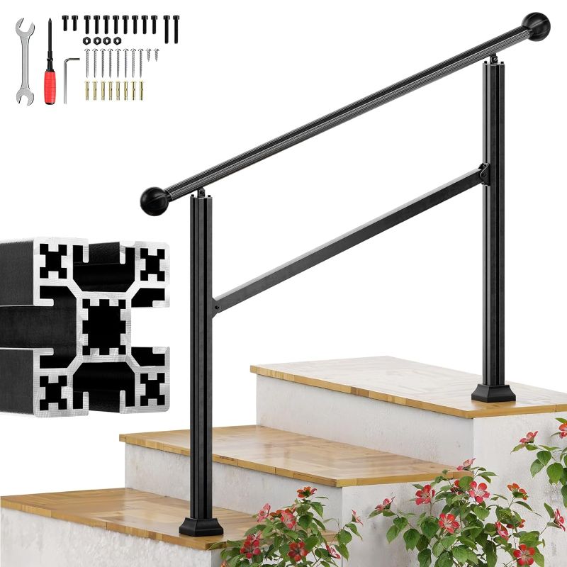 Photo 1 of 3 Steps Handrails for Outdoor Steps, Heavy Duty Stair Railing, No Rust Aluminum Hand Porch Railing kit, Adjustable Staircase Handrail for 2 to 3 Steps, Sturdy Hand Rails for Outdoor Concrete Steps