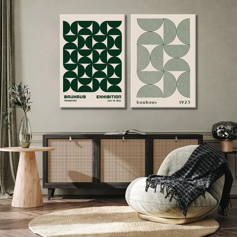 Photo 1 of 2Pcs Bauhaus Mid Century Modern Wall Art Retro Exhibition Posters Prints Green Boho Geometric Abstract Minimalist Wall Decor Pictures for Bedroom iving Room Dining Room Framed (Green, 16x24in Framed)