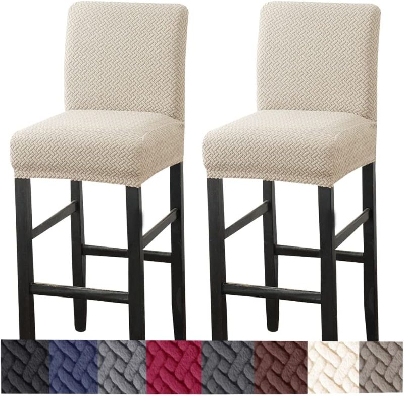 Photo 1 of Bar Stool Covers,2 Pack Stretch Bar Stool Covers with Backs Jacquard Bar Stool Chair Covers Barstool Covers Slipcovers with Back Pub Counter Stool Chair Covers with Elastic Bands Beige