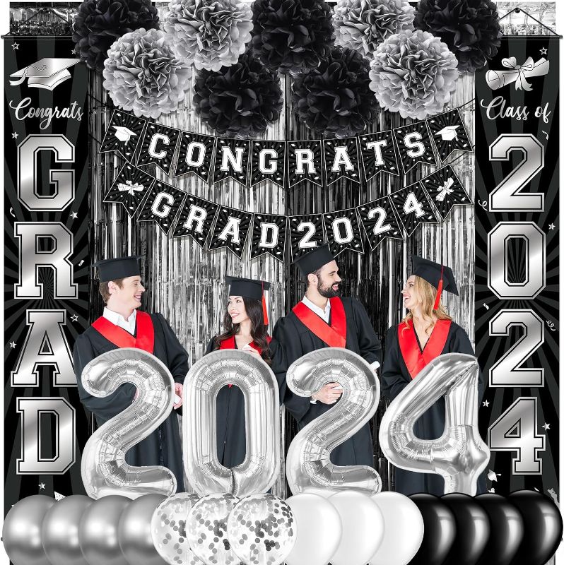 Photo 1 of Graduation Decorations Class of 2024, Graduation Party Decorations Set Include Congrats Grad 2024 Banner Foil Fringe Curtain Balloons for High School College Graduation Party Supplies, Black Silver