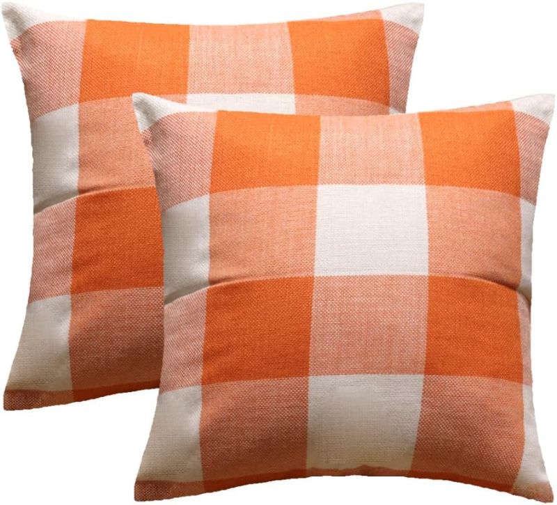 Photo 1 of 16x16 Set of 4 Fall Throw Pillow Covers Farmhouse Orange White Buffalo Plaids Check Front Porch Decorative Cushion Cases Outdoor Rustic Gingham Home Decor for Bed Sofa Plaids: Orange & White 4 pieces,16"x16"***USED** 