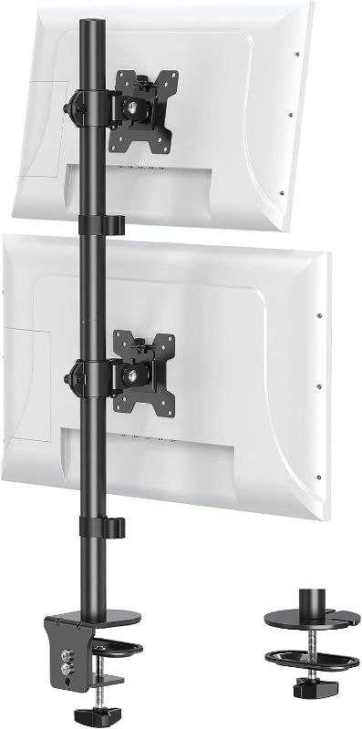 Photo 1 of MOUNT PRO Vertical Dual Monitor Stand, Stacked Monitor Mount for 2 Monitors Up to 32 inches, Computer Monitor Arm with Swivel, Tilt, Height Adjustable, Each Monitor Desk Mount Holds up to 17.6 lbs
