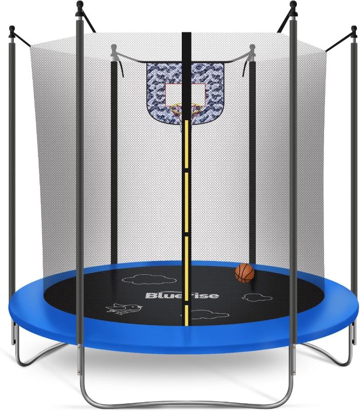 Photo 1 of BLUERISE Trampoline 55IN 6FT 8FT 12FT Outdoor Indoor Trampoline for Kids Outdoor Play for Kids Trampoline Basketball Hoop Attachment with Enclosure Net Easy to Assemble Recreational Trampoline
