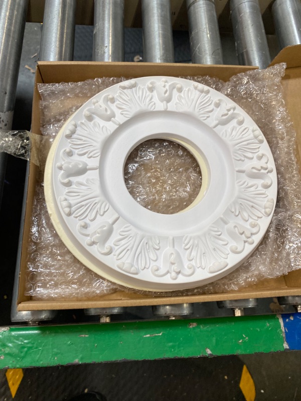 Photo 3 of 2 Pieces Ceiling Medallion Molded White PU Ceiling Medallions for Light Fixtures Medallion for Ceiling Light Ceiling Cover Decorative Plate for Replacement Canopies Home Chandelier Fans 10"OD x3.5"ID