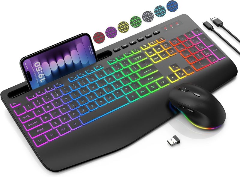 Photo 1 of Wireless Keyboard and Mouse Combo, 9 Backlit Effects, Wrist Rest, Phone Holder, 2.4G Lag-Free Ergonomic Keyboards, Rechargeable Silent Cordless Set for Computer, Laptop, PC, Mac, Windows -SABLUTE
