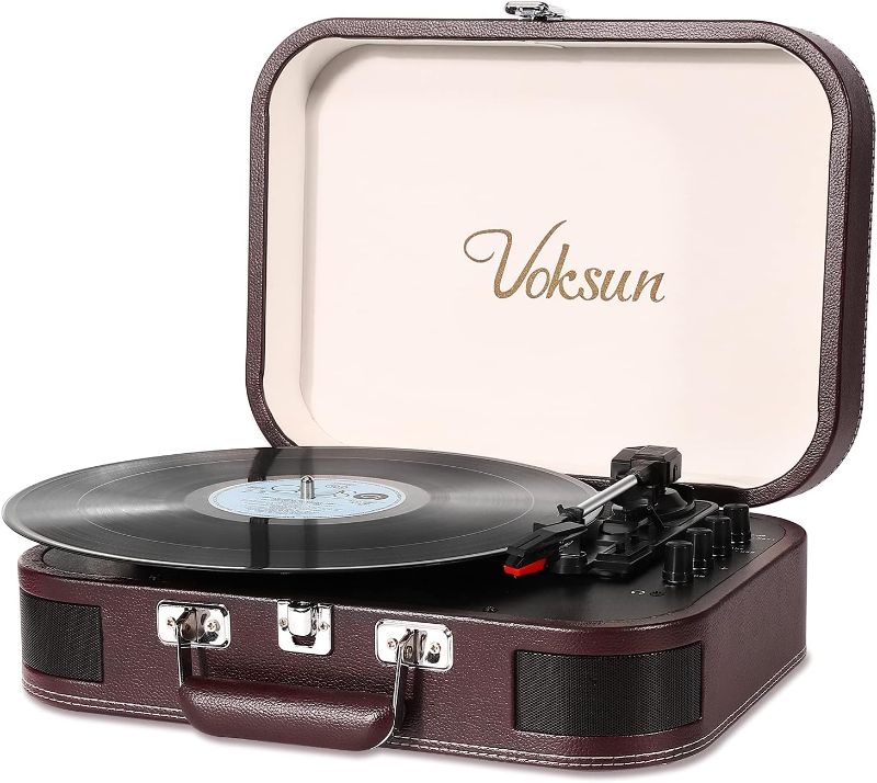 Photo 1 of Record Player, Vintage Bluetooth Turntable with Built-in Stereo Speakers, 3-Speed Suitcase Vinyl Player, Supports Vinyl to MP3 Recording, Phonograph with AUX USB RCA Headphone Jack, ***ITEM IS IN A BLACK CASE****
