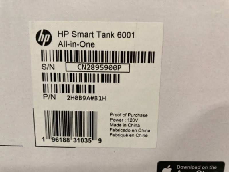 Photo 2 of HP Smart -Tank 6001 Wireless All-in-One Cartridge-free Ink Printer, up to 2 years of ink included, mobile print, scan, copy (2H0B9A)