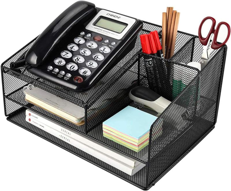 Photo 3 of Desk Organizer Office Suppies Desktop Telephone Stand with Letter Tray Phone Stand Pen Pencil Holder,Black