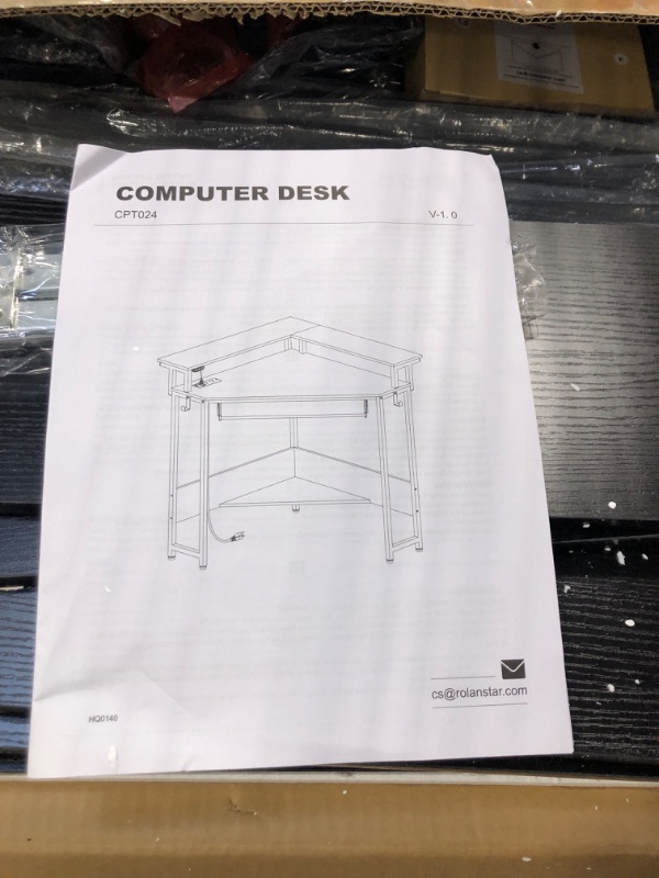 Photo 1 of Corner Desk with Charging Station & LED Light, Triangle Corner Desk with Monitor Stand & Keyboard Tray for Small Space, Gaming Computer Desk with Storage Shelves for Home Office (Black)