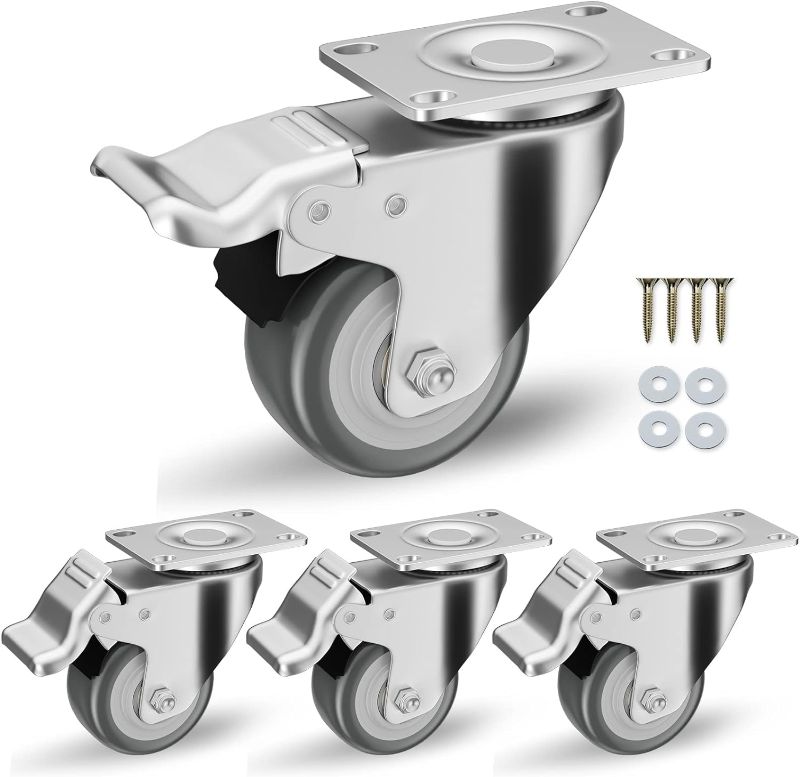 Photo 1 of 2 inch Caster Wheels Set of 4 Heavy Duty - CLOATFET Locking Casters, Swivel Casters with Brake (Top Plate), Non Marking Grey TPR Rubber Castor Wheels for Cart Furniture Workbench