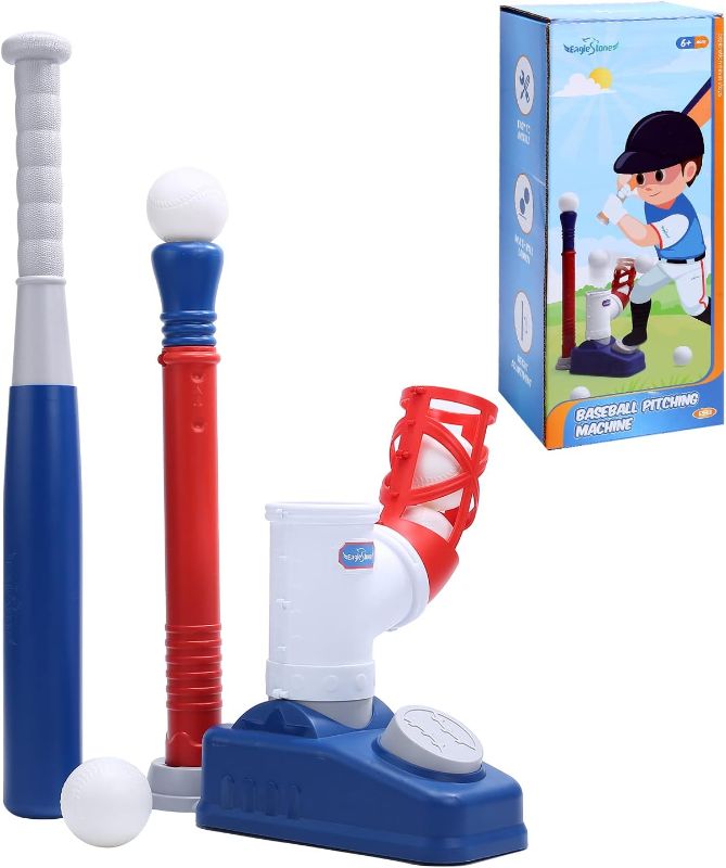 Photo 1 of EagleStone 2 in 1 T Ball Set for Kids 3-5, Tee Ball Set for Toddlers with Step on Pitching Machine, Adjustable Batting Tee, Tball Bat and 6 Balls, Outdoor Baseball Christmas Toy Gift for Boys & Girls
