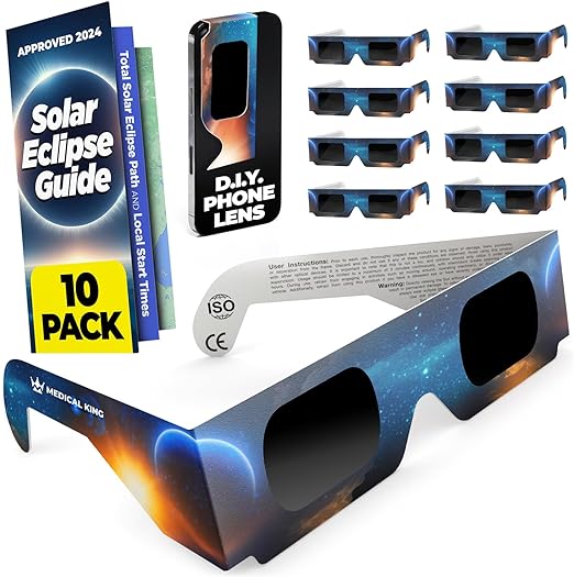 Photo 1 of Medical king Solar Eclipse Glasses Approved 2024, (10 pack) CE and ISO Certified Safe Shades for Direct Sun Viewing Includes Bonus Eclipse Guide With Map
