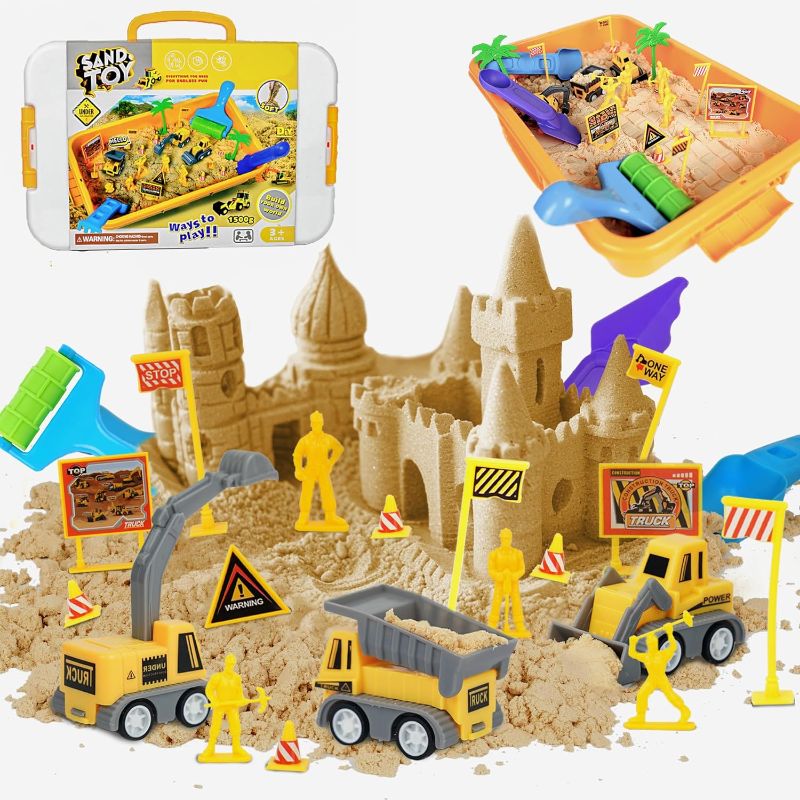 Photo 1 of Construction Sand Play Set - Sensory Bin with 3.3lbs Magic Sand, 3 Construction Vehicles, 4 Worker Figures and 12 Road Signs, Sand Box Toys for Kids
