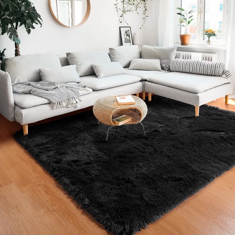 Photo 1 of  Black Area Rug for Bedroom Living Room, 150x210 cm Fluffy Shag Rugs, Shaggy Furry Rugs for Girls Boys Kids Baby Room, Anti-SLI Rectangle Black Carpet for Nursery Dorm Home Decor Aestheti