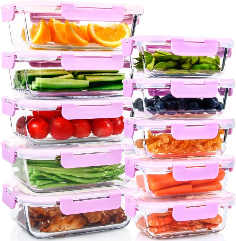 Photo 1 of 10 Pack Glass Food Storage Containers with Lids Leakproof, Airtight Glass Meal Prep Containers For Lunch, On The Go, Leftover, Dishwasher Safe