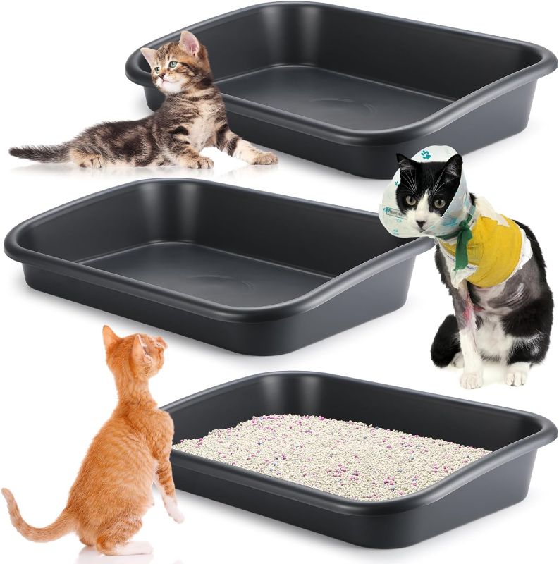Photo 1 of 3 Pcs Low Entry Senior Cat Litter Box Large Size Pet Litter Box Low Entry Open Top Cat Litter Box for Senior Kitten Frail Handicap Disabled Older Elderly Cats, Easy to Clean (Dark Gray)