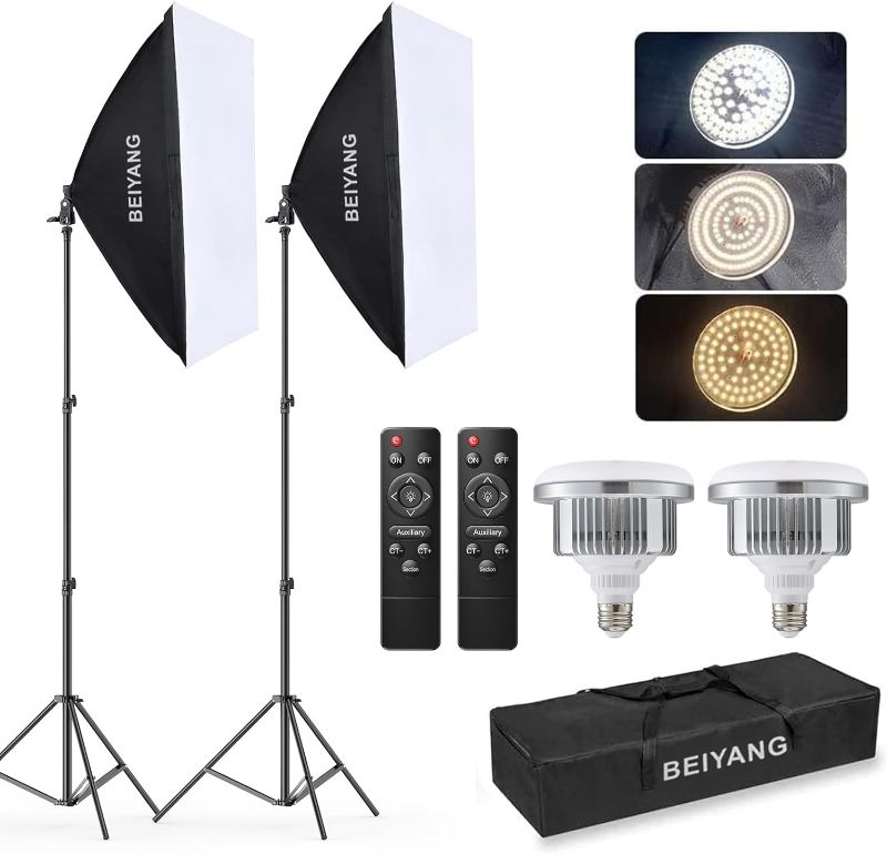 Photo 3 of BEIYANG Softbox Lighting Kit, 2x20''x28'' Photography Soft Box with 2 pcs 85W 3000-7500K E27 LED Bulb, 2x78'' Light Stand Continuous Lighting Kit for Video Recording