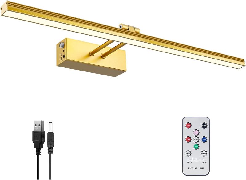 Photo 1 of 20" Battery Picture Light for Wall,5000mAh Wireless Remote Painting Light with Timer and Dimmable,Metal Art Light for Display,Artwork,Portrait,Gallery-Gold