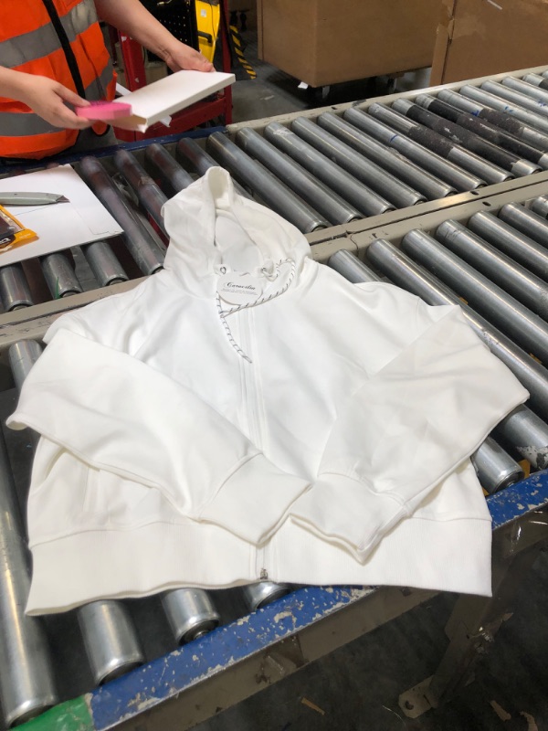 Photo 1 of Caracilia Women's Zip Up Hoodies Cropped Drawstring Sweatshirts Cute Teen Girl Y2K Fall Casual Jackets with Pockets Medium Off-white