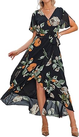 Photo 1 of BerryGo Women's Elegant Maternity Off The Shoulder Ruffle Bodycon Maxi Dress Smocked Bridesmaid Wedding Guest Dress Small A-floral Black