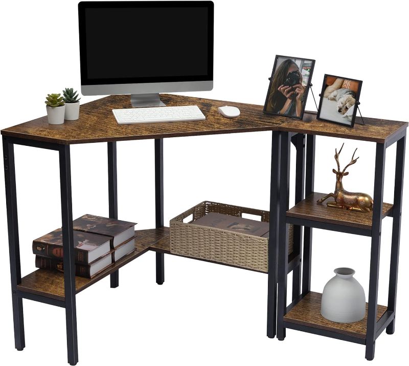 Photo 1 of LAVIEVERT Corner Desk, Triangle Computer Desk with Storage Shelves, Laptop PC Table Writing Study Table Workstation for Home & Office - Rustic Brown