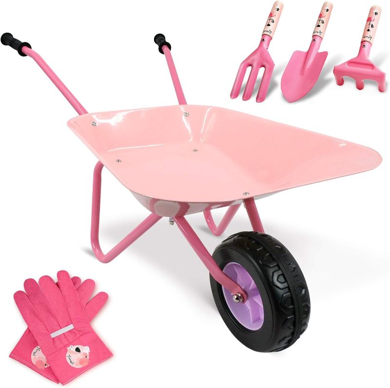Photo 1 of Altdorff Kids Wheelbarrow Set Metal, Child Wheel Barrel Pink Easy to Assemble and Kids Gardening Tools Kit, Garden Toys with Small Wheel Barrow, Outdoor Indoor Toys Gift for Girls
