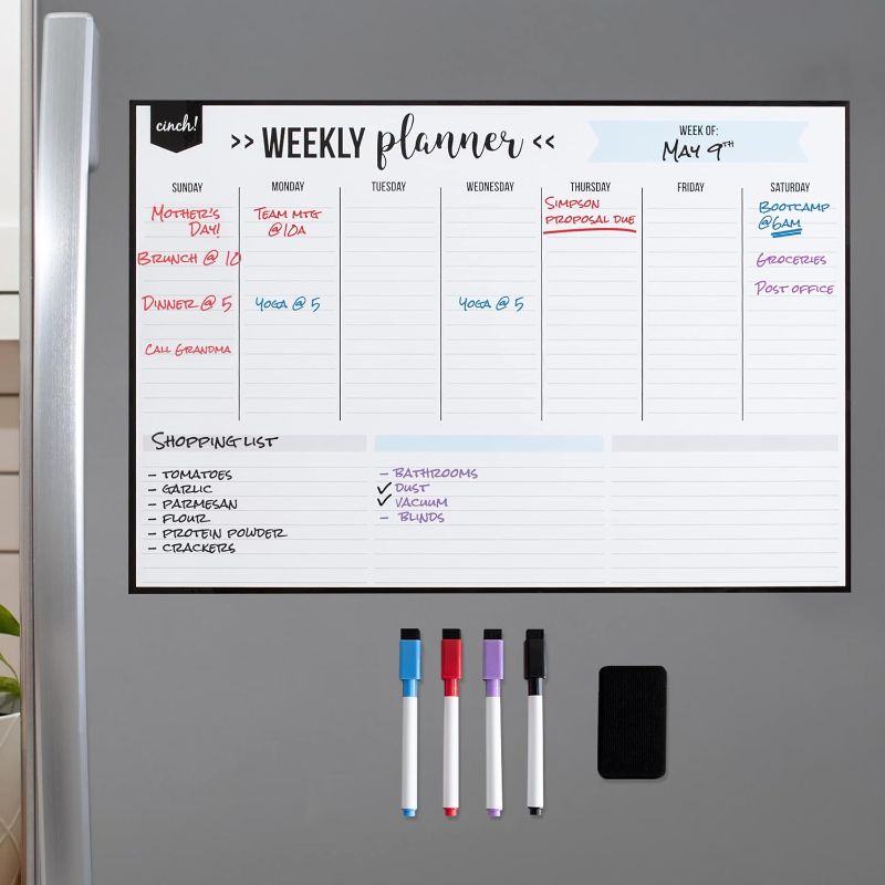 Photo 1 of Magnetic Dry Erase Weekly Calendar Whiteboard for Fridge 19"x13" - 4 Fine Tip Markers and Large Eraser with Magnets - Meal Planner Magnetic Dry Erase - Fridge Whiteboard Planner, Weekly Wall Planner
