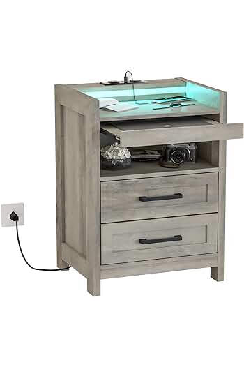 Photo 1 of Modern Nightstand with LED Light and Charging Station, Wood Bedside Table with 2 Drawers and Pull-Out Shelf, Small Side Table for Bedrooms, 