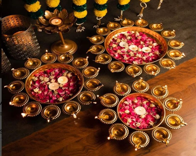 Photo 1 of **ONLY ONE** Orbit Art Gallery Urli Diya, 3pcs, lotus Urli Bowl, Diwali Decor Lotus Urli, Diwali Diya, Goldarn candle holder, Tealight candle holder, Pooja Diya Urli 12" 14" 16"