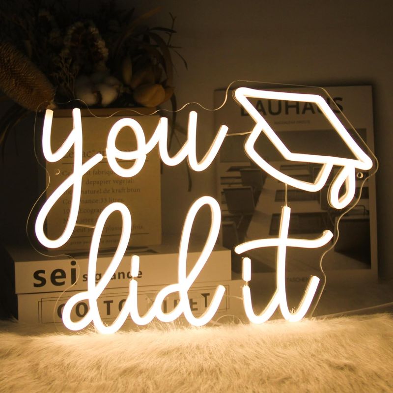 Photo 1 of Congrats Grad Neon Sign You Did It LED Neon Light Sign Warm White Congrats Light up Sign Background Neon Signs for Wall Decor Celebrate Neon Lights for Class of 2024 Graduation Party Decor
