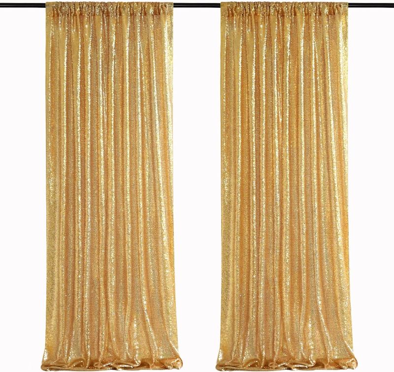 Photo 1 of Gold Sequin Backdrop Curtain Panels Stage 2 Pieces 2FTx8FT Wedding Party Background Drapes 2 pcs-2ftx8ft Gold