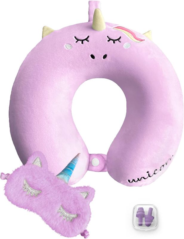 Photo 1 of urnexttour Neck Travel Pillow for Kids, Unicorn Airplane Memory Foam Pillow with Cute Sleep Mask & Earplugs, Lightweight Travelling Sleeping Pillow Set for Car, Train, Bus and Home Use (Purple)
