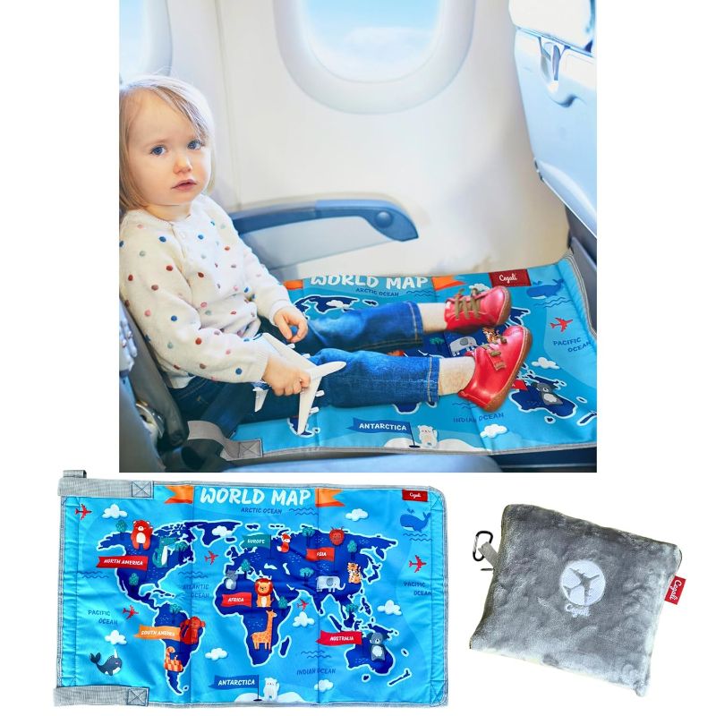 Photo 1 of Cegali Airplane Seat Extender for Kids WM: Enhance Your Child's in-Flight Comfort. Travel Toddler Bed, Airplane Leg Rest, Airplane Foot Hammock and Toddler Seat Extender, All in One (World Map - Blue)