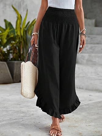 Photo 1 of  Women's Ruffle Hem Wide Leg Pants High Waist Long Length Boho Plain Shirred Pants