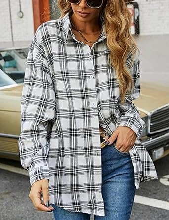 Photo 1 of  Fashion Flannel Buffalo Plaid Shirt Button Down Long Sleeve Casual Loose Collared Shirts Blouse Top