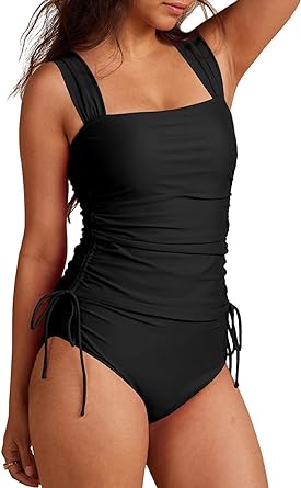Photo 1 of  Womens Retro Ruched Two Piece Strappy Tummy Control Swimwear Tie Side Tankini Bathing Suit Set