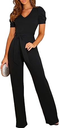 Photo 1 of  Womens Jumpsuit Short Sleeve Casual v Neck Belted Wide Leg Formal Rompers Jumpsuits