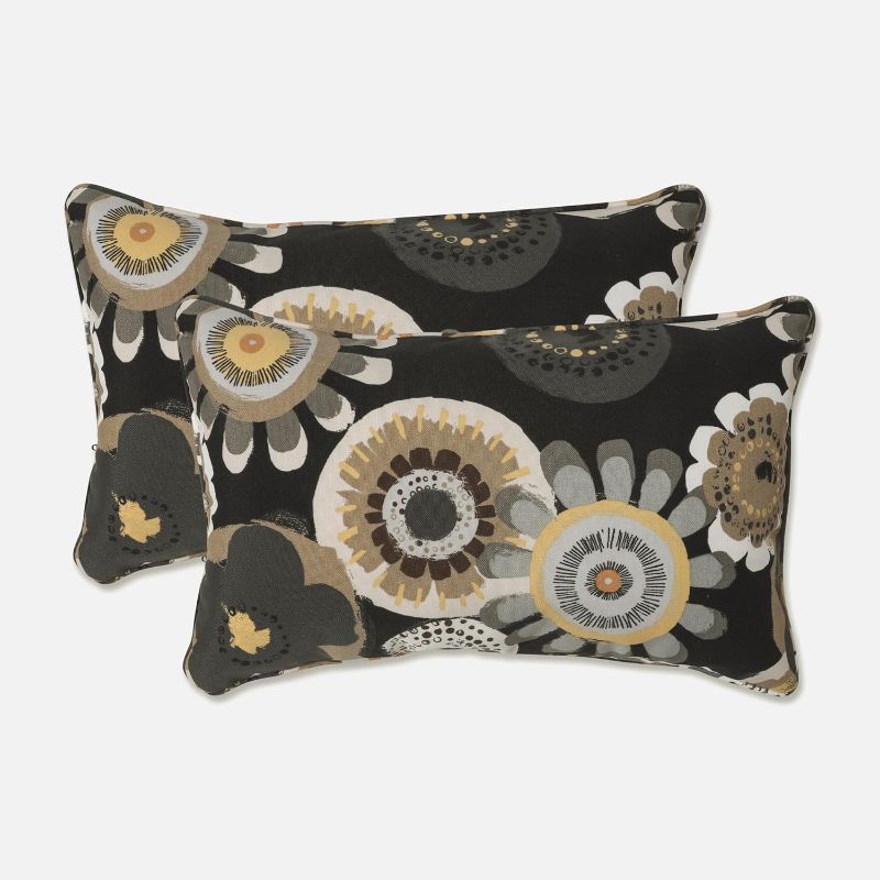 Photo 1 of ** 2pc** Pillow Perfect Floral Indoor/Outdoor Accent Throw Pillow, Plush Fill, Weather, and Fade Resistant, Lumbar - 11.5" x 18.5" , Black/Yellow Crosby, 2 Count
