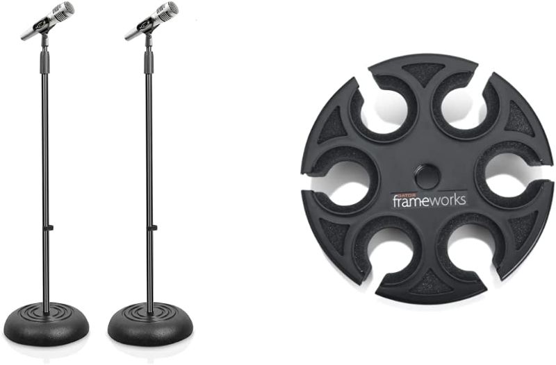 Photo 1 of **2pc ** Universal Compact Base Microphone Stand - 2.8 to 5 Ft Height Adjustable & Gator Frameworks Mic Stand Adapter to Hold up to 6 Microphones; Fits Both Wired and Wireless (GFW-MIC-6TRAY)