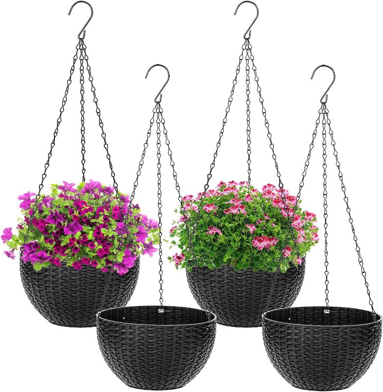 Photo 1 of Foraineam 4 Pack Black Hanging Planters, 8.2 inch Hanging Flower Basket Planter Pots, Garden Plant Pot Container, Balcony Patio Hanging Basket Planters with Drainage Hole for Indoor and Outdoor Use