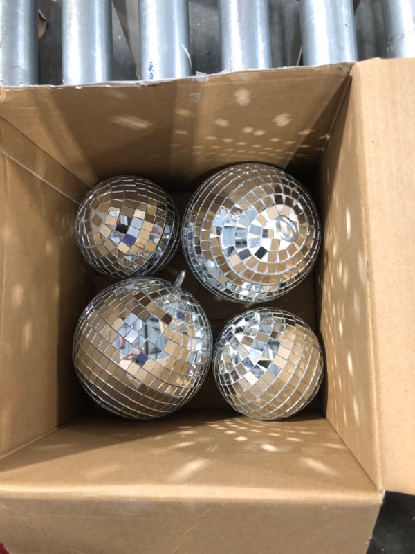 Photo 2 of 20 Pcs Hanging Mirror Disco Ball Ornaments Glass Disco Balls Decoration Different Sizes 70s Reflective Mini Disco Ball Decor with Rope (4 Inch, 3. 2 Inch, 2 Inch)