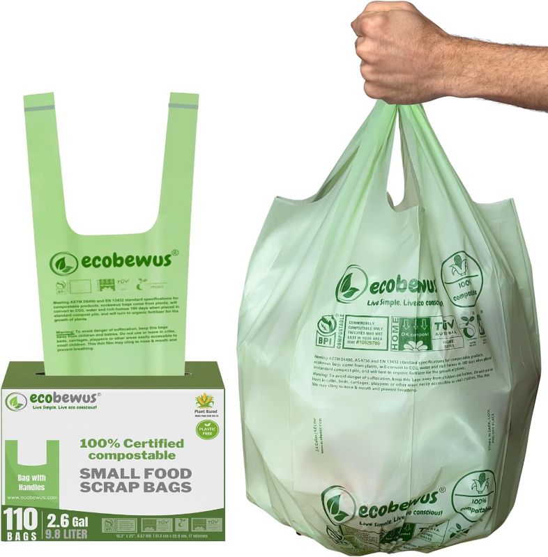 Photo 1 of 2.6 Gallon 100% Compostable Bags Handle Tie (110 Bags) Small Compostable Trash Bags Food Scrap Garbage Bags US BPI Certified TUV OK Compost Home Certified 