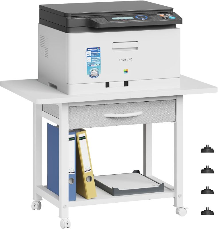 Photo 1 of YAOHUOO 22"x15" Large Printer Stand with Storage Drawer, 2-Tier Under Desk Printer Table for Home Office, Printer Cart fit Fax Machine/3D Printer/Scanner(White)