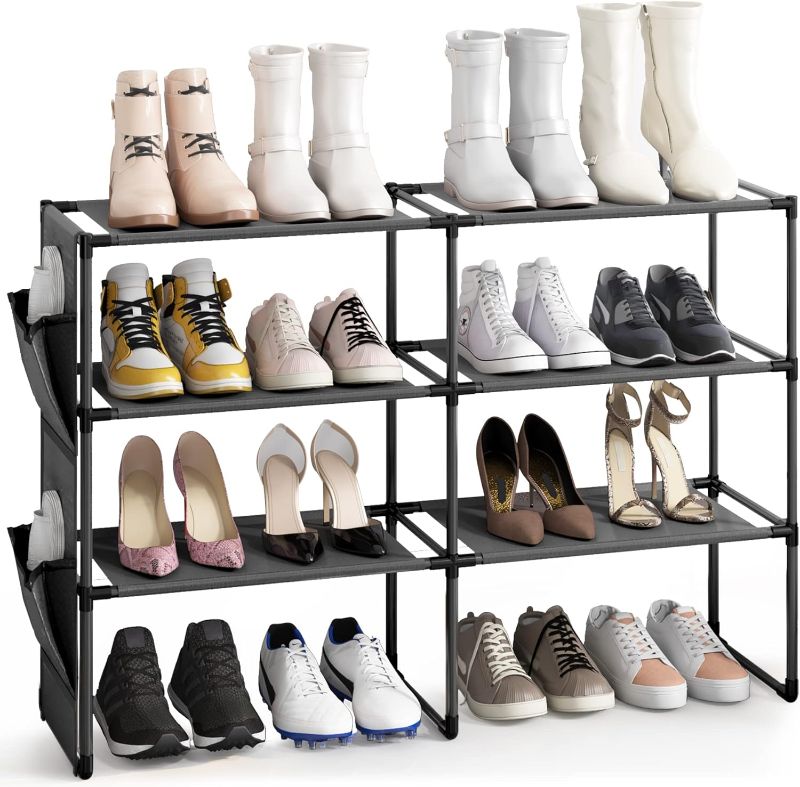 Photo 1 of Amazer 4 Tiers Shoe Rack for Closet, Shoe Storage Organizer for 16-20 Pairs of Shoes, Shoe Shelf with Removable Pocket for Front Door Entrance Bedroom, 34.6x11x21.4 Inches (Black)