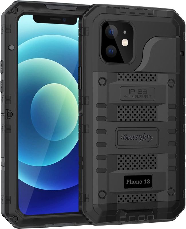 Photo 1 of Beasyjoy for iPhone 12 Case Waterproof, Metal Military Grade Shockproof Case with Built-in Screen Protector, Full Body Protective Heavy Duty Dustproof Defender Rugged Case 6.1 inch, Black
