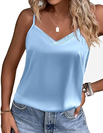 Photo 1 of Ekouaer Women's Lace Silk Satin Pajama Tank Tops V Neck Camisole Soft Spaghetti Strap Tops Loose Sleepwear 