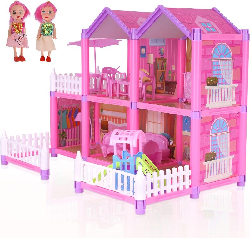 Photo 1 of Dollhouse Toy House with Accessories and Furniture, Kids Dollhouses for Girls DIY Doll House Kits with 126 Little Pieces,Dreamhouse Gift for 3 4 5 6 Years Old Toddler Girls (5 Rooms and 1 Balcony)